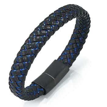 HALUKAKAH ● Jazz Junior ● Ragazzi Vera Pelle Treccia Fatta a Mano Nero mix Blu/Rosso/Verde Bracciale 6-12 Anni. Titanio Smerigliata Chiusura Magnetica Taglia Regolabile 18-19.5cm con Pacco Regalo