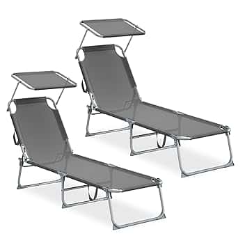 SONGMICS Sedie a Sdraio Pieghevoli, 189 x 53 x 28,5 cm, Lettini Prendisole, Portata 110 kg Ciascuno, Parasole e Schienale Regolabili, per Terrazza e Balcone, Set da 2, Grigio GCB294GZ02