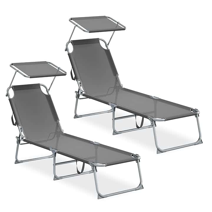 SONGMICS Sedie a Sdraio Pieghevoli, 189 x 53 x 28,5 cm, Lettini Prendisole, Portata 110 kg Ciascuno, Parasole e Schienale Regolabili, per Terrazza e Balcone, Set da 2, Grigio GCB294GZ02