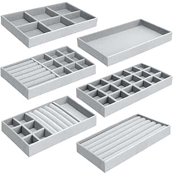 UMILKI 6 Organizzatore Grigio Vassoio Porta Gioielli, Organizer Velluto, Espositore Anelli da Cassetto per Orecchini Collane Bracciali(21*12.5 *2.5 CM)