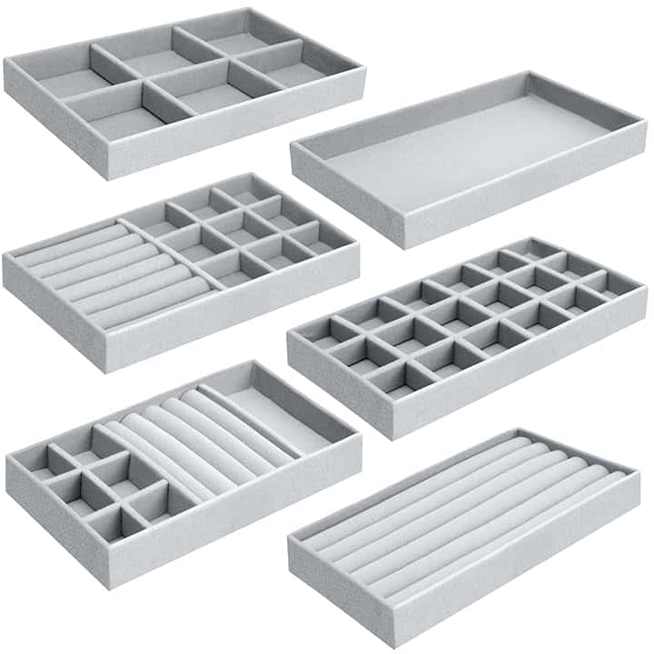 UMILKI 6 Organizzatore Grigio Vassoio Porta Gioielli, Organizer Velluto, Espositore Anelli da Cassetto per Orecchini Collane Bracciali(21*12.5 *2.5 CM)