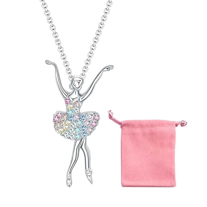 NyxSeat 1 collana in stile ballerina, 1 sacchetto per la conservazione dei gioielli, collana con ciondolo per bambini, pendente con cristallo da fata, regalo di compleanno per ragazze, in vetro