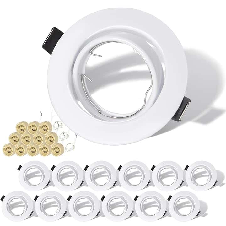 Set di 12 Faretti LED da Incasso per Cartongesso, Rotondi Bianchi Orientabili a 30° con Portalampada GU10, Compatibili con Lampadine LED e Alogene da 50mm, Cornice Portafaretto per Soffitto