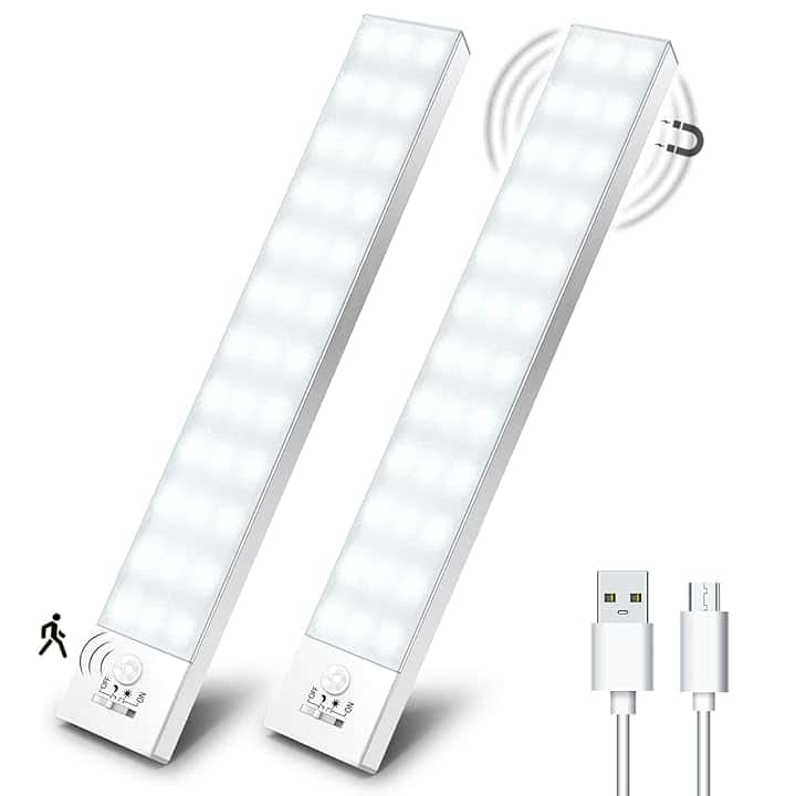 OUILA Luce Armadio LED con Sensore di Movimento Luci Notturna 36 LED 4 Modalità Lampada Guardaroba Luce da Esposizione 1000mAh USB Ricaricabile Cucina, Scale, Corridoio, Garage - 23cm*2 Pezzi