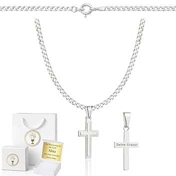 ZELYA Collana in argento 925 con croce a maglia barbazzale per ragazze e ragazzi – 45 – 60 cm catena comunione con croce, catena per bambini per comunione e battesimo, confezione regalo con incisione