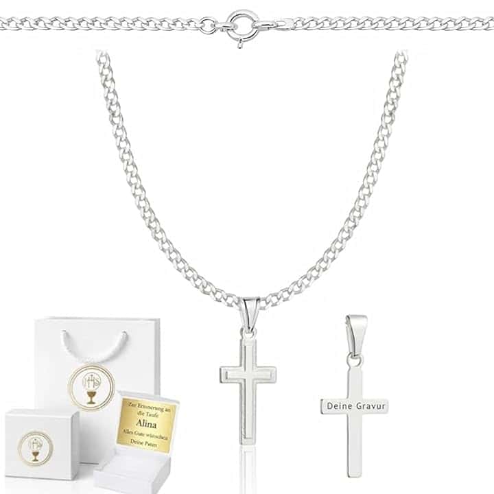 ZELYA Collana in argento 925 con croce a maglia barbazzale per ragazze e ragazzi – 45 – 60 cm catena comunione con croce, catena per bambini per comunione e battesimo, confezione regalo con incisione