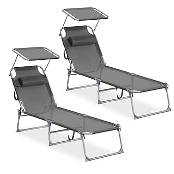 SONGMICS Set da 2 Sedie a Sdraio Pieghevoli, 189 x 53 x 28,5 cm, con Cusicni, Lettini Prendisole, Portata 110 kg Ciascuno, Parasole e Schienale Regolabili, per Terrazza e Balcone, Grigio GCB292GZ02