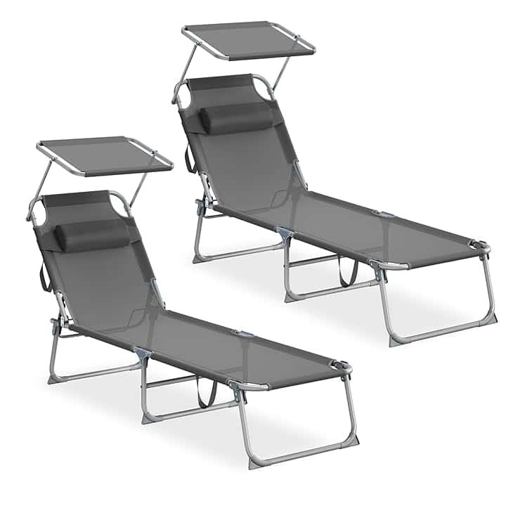 SONGMICS Set da 2 Sedie a Sdraio Pieghevoli, 189 x 53 x 28,5 cm, con Cusicni, Lettini Prendisole, Portata 110 kg Ciascuno, Parasole e Schienale Regolabili, per Terrazza e Balcone, Grigio GCB292GZ02