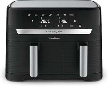 Moulinex Dual Easy Fry, Friggitrice ad Aria con Doppio Cestello XL, 8.3 L/2.2Kg, Capacità fino a 6-8 Persone, Doppia Resistenza Superiore, 7 Programmi, App Ricette, Lavabile in Lavastoviglie, EZ9018
