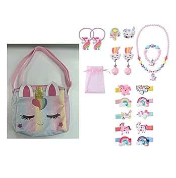 KDISHKRA Set di 20 Gioielli per Unicorno Borsetta Bambina, Girls Princess Borse con Accessori per Capelli,Mollette per Capelli,Collana,Bracciale,Anello,Orecchini, Regali di Compleanno 3-9 Anni