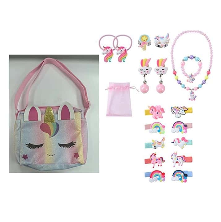 KDISHKRA Set di 20 Gioielli per Unicorno Borsetta Bambina, Girls Princess Borse con Accessori per Capelli,Mollette per Capelli,Collana,Bracciale,Anello,Orecchini, Regali di Compleanno 3-9 Anni