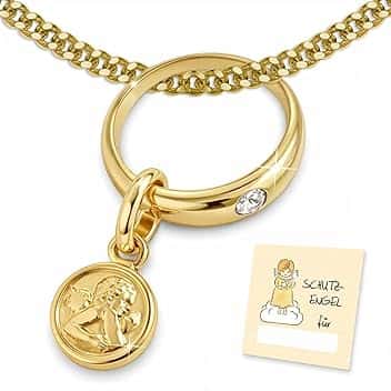 CLEVER SCHMUCK Collana per battesimo in oro con angelo custode e anello bianco, catenina a maglie da 36 cm in argento sterling dorato 925, in una confezione per il battesimo