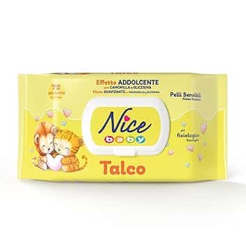 Nice Baby Talco Salviette per Cambio Pannolino, con Camomilla e Glicerina ad Effetto Addolcente sulla Pelle, Dermatologicamente Testate, Confezione da 72 Salviette,L'imballaggio può variare