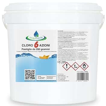 acquaverde | Cloro 6 AZIONI in Pastiglie da 200 grammi, 10 kg di NUOVO Multiazione per Piscina, Trattamento acqua: Clorazione, Alghicida, Flocculante, Stabilizzante del Ph, Antischiuma, Antimicotico