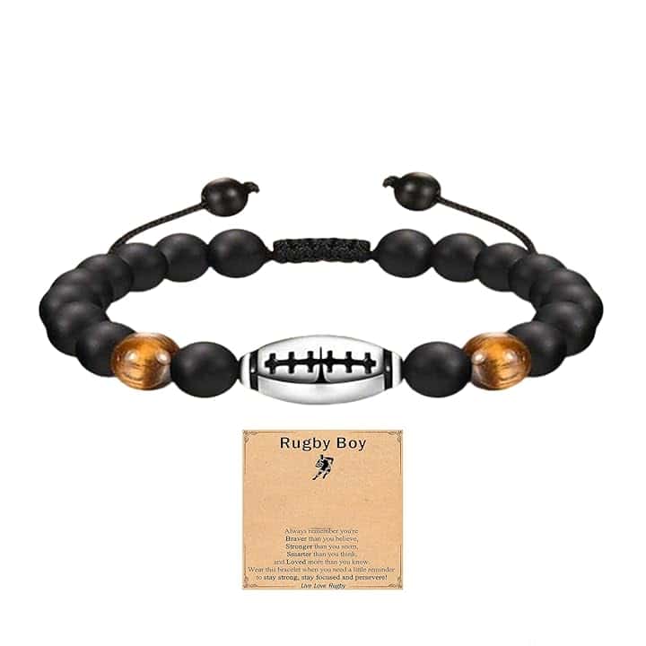 KTGUK Braccialetto da rugby per ragazzi, regolabile, con ciondolo a forma di pallone da rugby e biglietto da rugby, regalo per uomini, figlio, nipote, fratello