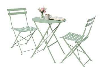 Set Cortina Bistrot da Giardino – Tavolo Rotondo e 2 Sedie Pieghevoli in Acciaio, Colore Verde, Design Elegante per Balcone, Terrazzo Giardino e Veranda