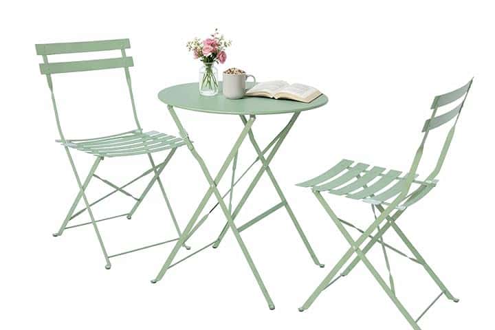 Set Cortina Bistrot da Giardino – Tavolo Rotondo e 2 Sedie Pieghevoli in Acciaio, Colore Verde, Design Elegante per Balcone, Terrazzo Giardino e Veranda