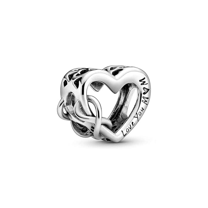 PANDORA Charm cuore e simbolo dell’infinito con scritta Love You Mom
