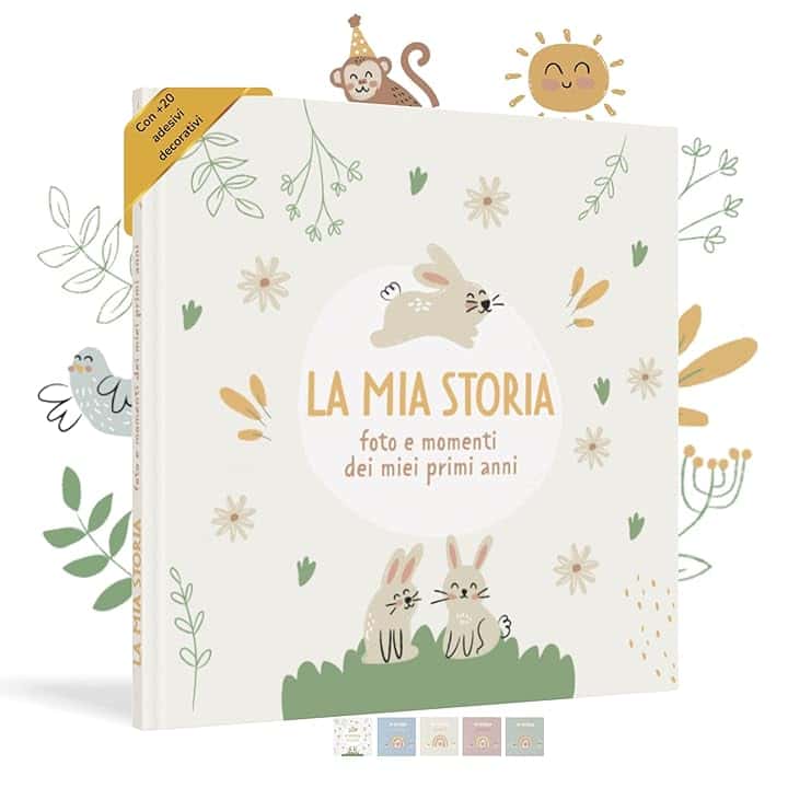 HuBorns - Album Nascita Bambina e Bambino per Incollare Foto e Scritte con +50 Pagine e Adesivi, Album Fotografico Neonato per il Primo Anno fino a 5 Anni, Ideale per Regalo Nascita