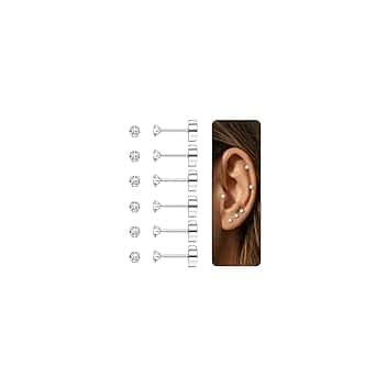 Diamday 6 paia di orecchini a cartilagine 20G per donne uomini ragazze 2-5mm Flat Back Earring Set 316L acciaio chirurgico Tragus CZ Small Helix Piercing Gioielli Ipoallergenici