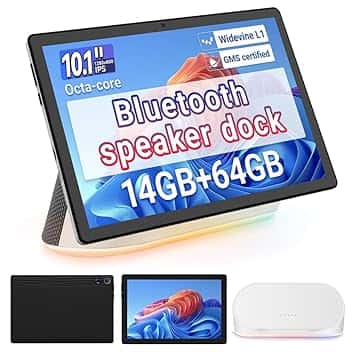 Whitedeer Tablet con Dock Altoparlante Bluetooth, Tablet Android Octa-Core, Ricarica Wireless, 14GB RAM+64GB ROM+1TB Memoria Espandibile, 1280×800P, 5MP+8MP, 5000mAh
