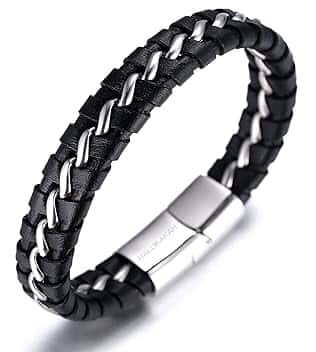 HALUKAKAH Bambini ● Solo Junior ● Bracciale Ragazzo Maschio Vera Pelle Cuoio Nero 6-12+3 Anni Catena Titanio Acciaio Argento Chiusura Magnetica Taglia Regolabile 18-19.5cm con Pacco Regalo Gratuita