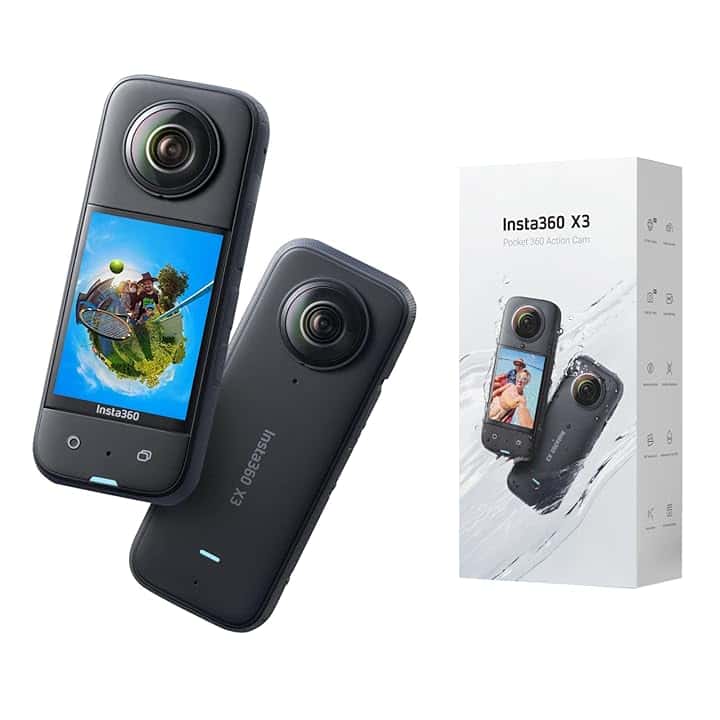 Insta360 X3, Action cam 360 con video HDR Active 360 5.7K, obiettivo singolo 4K, impermeabile, stabilizzazione FlowState, touchscreen da 2,29", editing con IA, per moto, sport invernali e video blog