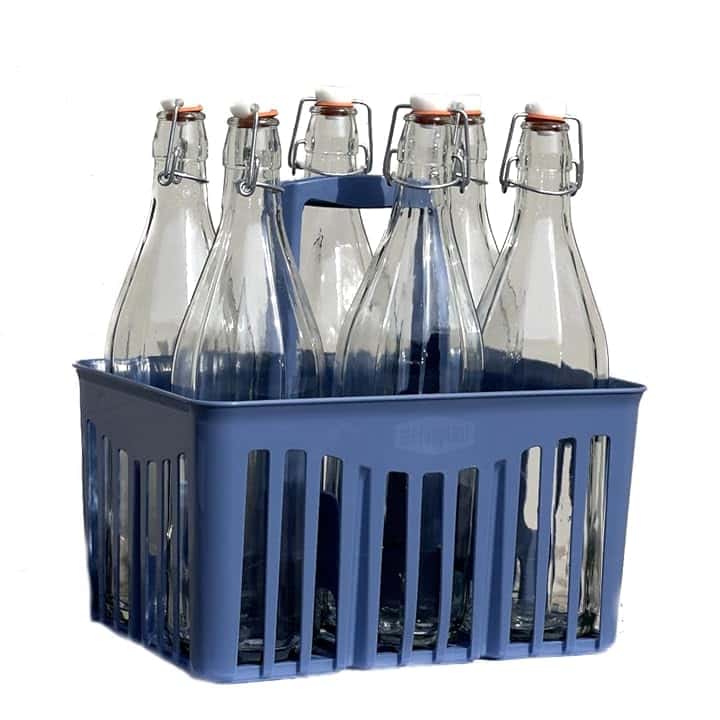 SET 6 PZ BOTTIGLIE VETRO 1 LITRO PER ACQUA VINO LIMONCELLO LIQUORE DRINK CON PORTABOTTIGLIE IN PLASTICA - BOTTIGLIE ACQUA IN VETRO 1 L CON CESTELLO PORTABOTTIGLIE PLASTICA BLU COBALTO