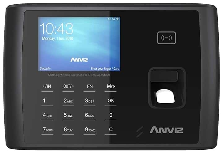 Anviz A350 BT-Wifi Rilevazione presenze: Biometrico, Card Rfid e PIN, Linux, CPU 1 GHZ, Tcp/ip, WIFI, Bluetooth, Rs485, mini USB, LCD 3,5" TFT, relè output, Wiegand Out, Web server.