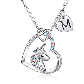 TINGN Collana Unicorno Regali per Ragazze, Ciondolo Cuore Iniziale Placcato Oro Bianco 14k CZ Collana con Iniziale Unicorno per Ragazze Compleanno Unicorni Regali per Ragazze Gioielli da Donna