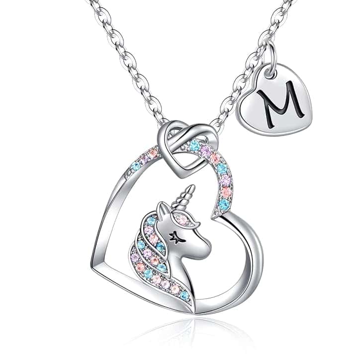 TINGN Collana Unicorno Regali per Ragazze, Ciondolo Cuore Iniziale Placcato Oro Bianco 14k CZ Collana con Iniziale Unicorno per Ragazze Compleanno Unicorni Regali per Ragazze Gioielli da Donna