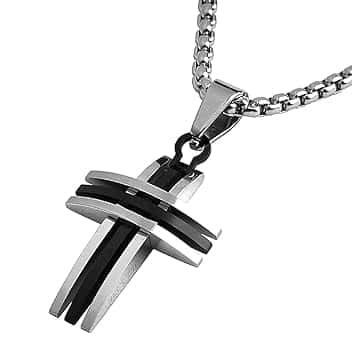 DonDon Collana Uomo con Ciondolo Triplo Curvo Bicolore Croce in Acciaio Inox 52 cm Argento e Sacchetto in Velluto