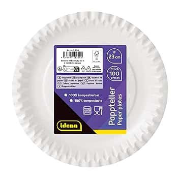 Idena 58250 - Piatti per feste bianchi, 100 pezzi, diametro 23 cm, ecologici e compostabili, piatti di carta, piatti di carta, stoviglie usa e getta
