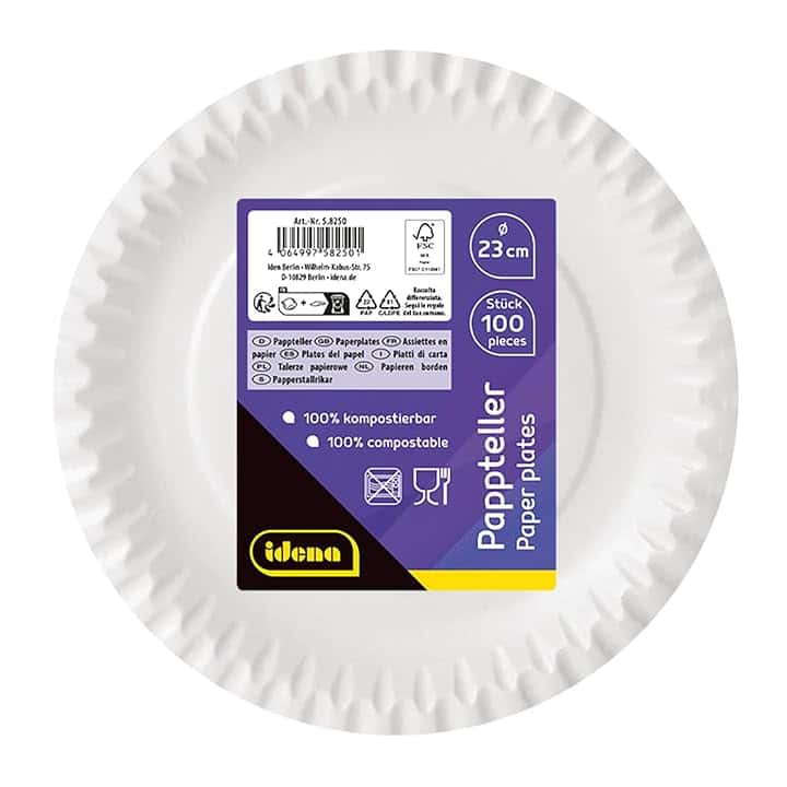 Idena 58250 - Piatti per feste bianchi, 100 pezzi, diametro 23 cm, ecologici e compostabili, piatti di carta, piatti di carta, stoviglie usa e getta