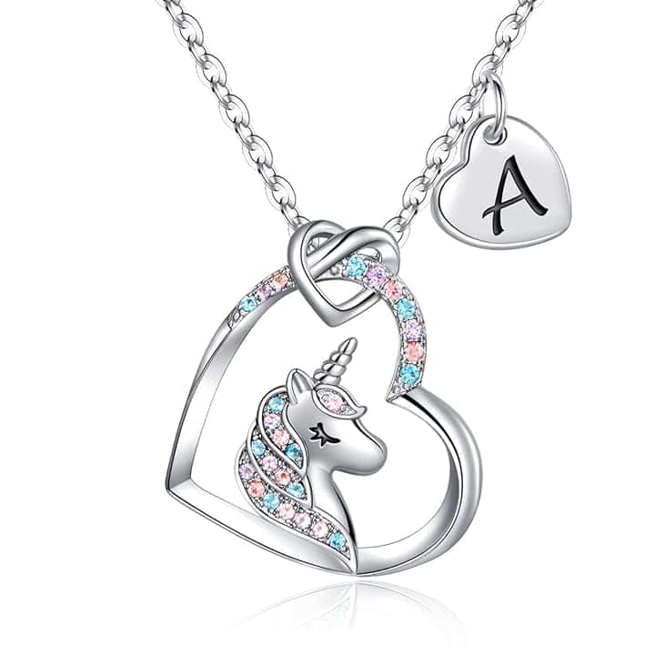 TINGN Collana Unicorno Regali per Ragazze, Ciondolo Cuore Iniziale Placcato Oro Bianco 14k CZ Collana con Iniziale Unicorno per Ragazze Compleanno Unicorni Regali per Ragazze Gioielli da Donna