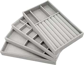 PIQIUQIU PIQIUQIU Set di 4 vassoi impilabili per gioielli, organizer per gioielli, contenitore per gioielli, cassetto per conservare ed esporre orecchini, collane, anelli (grigio)