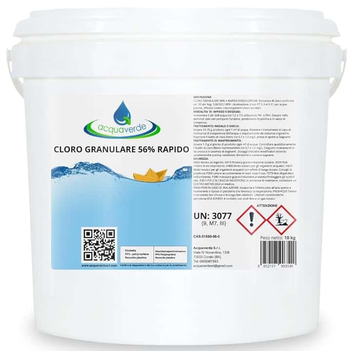 acquaverde | Cloro Granulare per Piscina 56% Rapido 10 kg, Dicloro Stabilizzato a Rapida Dissoluzione per Trattamento Shock, Mantenimento, Iperclorazione, Pulizia ed Igiene dell'Acqua di Piscine
