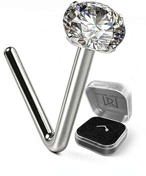 Monster Piercing PIercing Naso. Stud a Bottone con Barra piegata a L in Oro Bianco a 9 Carati. Punto Luce: Zirconia Rotonda Chiara da 2 mm. Calibro: 22 Gauge (0,6 mm). Ipoallergenico