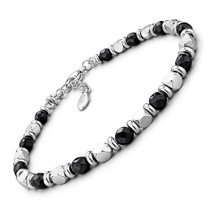 SAGA GIOIELLI Bracciale Uomo Donna Pietre Dure Onice Nero Vari Colori Quadrello Acciaio