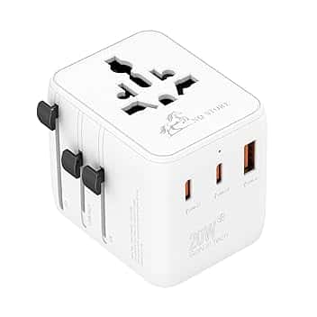 Adattatore da Viaggio Universale 20W GaN III – NQ STORE | 2 AC + 2 USB-C + 1 USB-A | Compatibile con 200 Paesi | Ricarica Rapida PD 20W/18W | Adattatore Internazionale Tipo C/G/A/I | 2500W