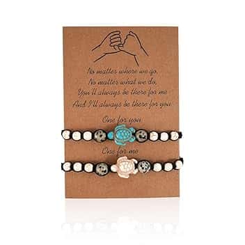 BCHKO 2 Pezzi Braccialetto dell'Amicizia Promessa Fatto a Mano Significato Distanza Regalo per Migliore Amica Coppia Amanti Ragazze, Braccialetto Regolabile con 1 Biglietto d'Auguri (Tartaruga)