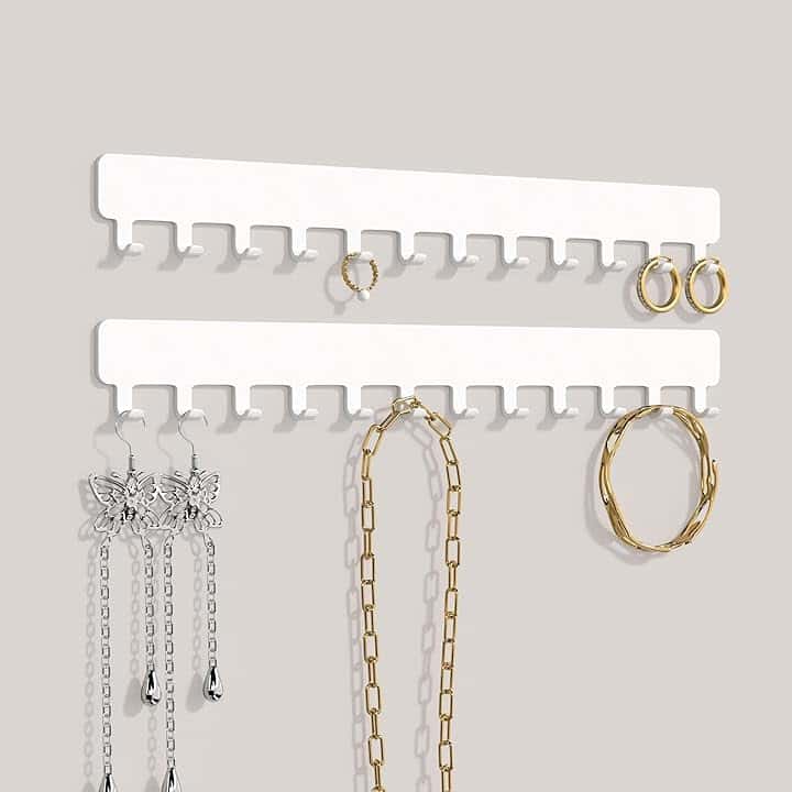 Josmimic Josmimic Portagioie da parete, robusto organizer per collane, bracciali e orecchini, soluzione salvaspazio, facile da montare con adesivo, metallo, bianco