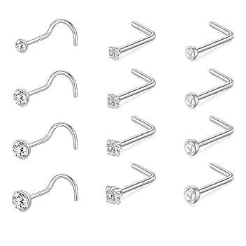 JEYORZY JEYORZY 12 Pezzi Piercing Naso Brillantino Acciaio Inox Nostril Piercing CZ Orecchini Naso Signore Uomini Nostril Borchi, Naso Piercing Brillantino Naso Narice a Forma di L Naso Stud Piercing Gioielli