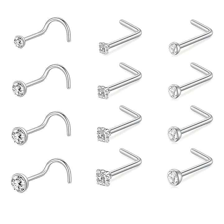 JEYORZY JEYORZY 12 Pezzi Piercing Naso Brillantino Acciaio Inox Nostril Piercing CZ Orecchini Naso Signore Uomini Nostril Borchi, Naso Piercing Brillantino Naso Narice a Forma di L Naso Stud Piercing Gioielli