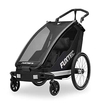 FUXTEC Rimorchio per Bici FX-FA1S – Carrello 1 Posto per Bambini con Cintura di Sicurezza – Pieghevole con Parasole e Parapioggia Inclusi – Telaio Leggero e Robusto