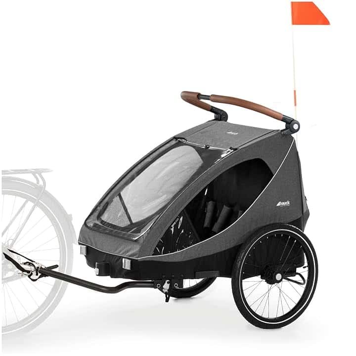 hauck Dryk Duo, Melange Grey - Rimorchio Bici e Passeggino 2in1 per 2 Bambini daa 6 Mesi fino a 22 kg o 120 cm, per Gemelli o Fratelli, Pieghevole con Ampio Spazio, per Bicicletta, E-Bike e Pedelec