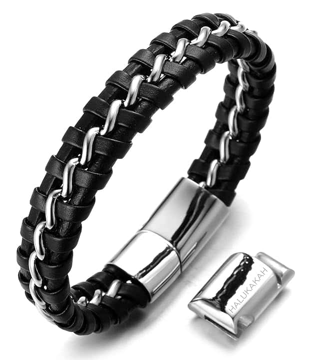 HALUKAKAH Bambini ● Solo Junior ● Bracciale Ragazzo Maschio Vera Pelle Cuoio Nero 6-12+3 Anni Catena Titanio Acciaio Argento Chiusura Magnetica Taglia Regolabile 18-19.5cm con Pacco Regalo Gratuita