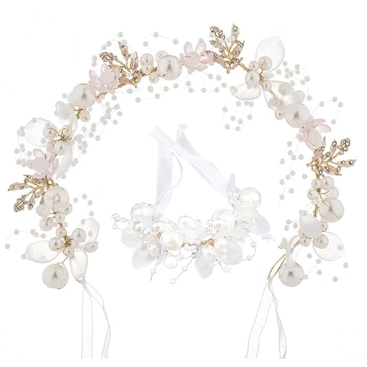 WUSJCOF Accessori per Capelli Comunione Bambina Matrimonio Corona di Fiori Cerchietto Capelli Coroncina Bambina con Braccialetto, Argento