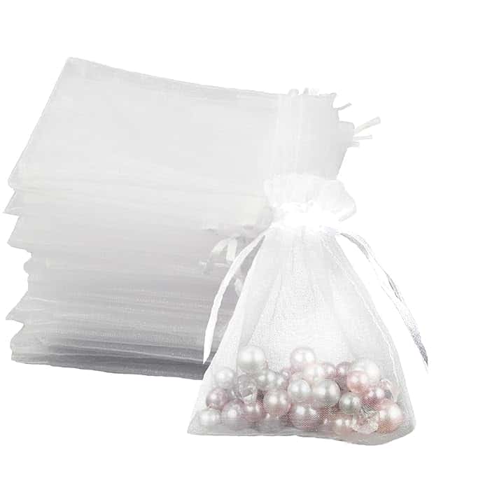 Leylve Leylve 100 Sacchetti in Organza 7 X 9 cm per Confetti, Bomboniere, Matrimonio, Lavanda - Ideali per Comunione, Battesimo, Feste di Festival (Bianco)