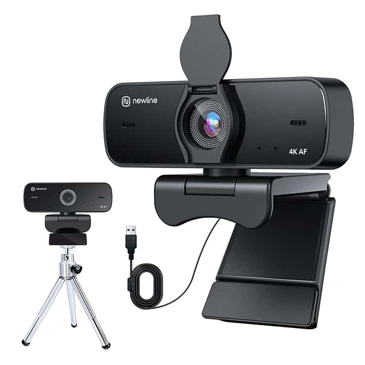 NewlineWork Webcam 4k PC con Doppio Microfoni con Cancellazione del Rumore, Auto-Focus, Correzione Luce, con Privacy Shutter e treppiede, USB 2.0 UHD Webcam per PC Mac Desktop Skype Streaming ClimatePartner certified